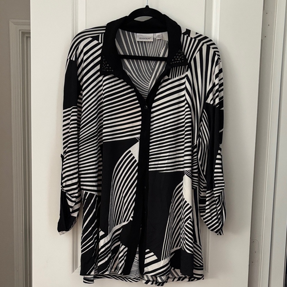 Avenue Monochrome Striped Top with Embellished Collar